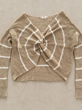 FCT Full Circle Trends With Love L Tan Ivory Striped Twist Front Cropped Sweater
